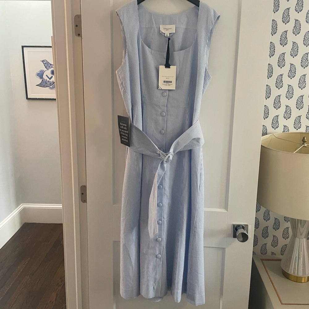 Pomander Place Seersucker Blue Striped Midi Dress